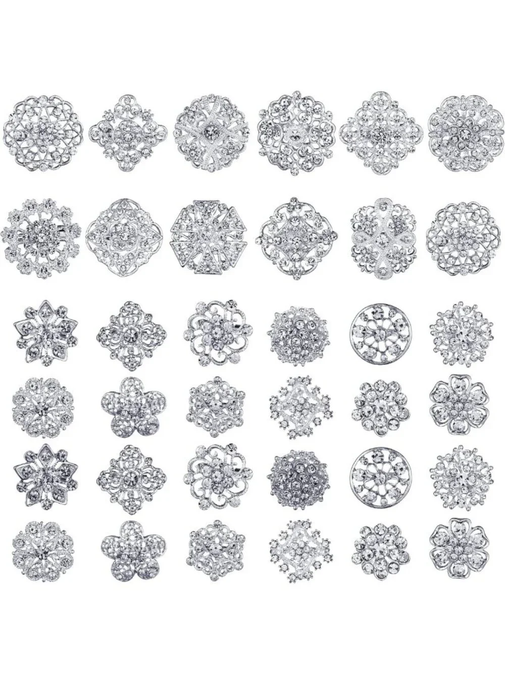36 Clear Rhinestone Brooches - Crystal Flower Pins for Crafts, DIY Wedding